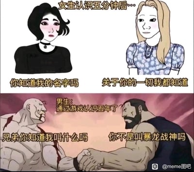 这是一张上下分栏的对比类meme梗图，通过两组不同性别社交场景的反差制造搞笑效果：上半部分呈现女生之间的社交状态，标注文字显示双方仅认识五分钟，左侧黑发女生带着羞涩疑惑的神情询问对方“你知道我的名字吗”，右侧金发女生则淡定回应“关于你的一切我都知道”，体现出女生刚相识就快速深入了解彼此的社交特点；下半部分呈现男生通过游戏结识的社交状态，标注文字显示双方已认识五年，左侧肌肉男带着严肃认真的神情询问对方“兄弟你知道我叫什么吗”，右侧肌肉男却笃定地回答“你不是叫暴龙战神吗”，表现出男生相识多年却只记得对方游戏ID，对现实真名毫无印象的反差，精准戳中不同性别在社交习惯上的差异点。