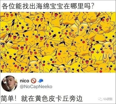 这是一张趣味搞笑梗图，上方是一张布满各种神态、动作的黄色皮卡丘的图片，配文提问“各位能找出海绵宝宝在哪里吗？”，引导观看者在皮卡丘中寻找海绵宝宝；下方是推特用户nico的评论截图，回复“简单！就在黄色皮卡丘旁边”，用一种无厘头的抬杠式回应制造笑点，实际上图中并没有海绵宝宝，这种回复方式调侃了这类无意义的找物问题，让人觉得滑稽有趣。