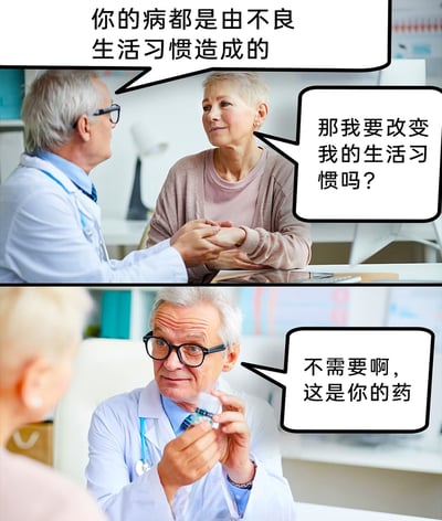 这是一张由上下两格真人照片拼接而成的带对白气泡的搞笑梗图。上格场景中，老年男医生握着对面老年女患者的手，严肃地告知她“你的病都是由不良生活习惯造成的”，患者随即露出疑惑的神情询问“那我要改变我的生活习惯吗？”；下格场景中，医生手持药瓶，面带微妙的笑意回复患者“不需要啊，这是你的药”，通过前后对话的反差制造出强烈的搞笑效果，调侃了部分医疗场景中，医生更倾向于开药治疗，而非引导患者从根源上纠正不良习惯的现象。