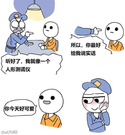 四格漫画描绘警察与嫌疑人的幽默互动：第一格中穿蓝色制服的警察在台灯下严肃指着穿橙色衣服的嫌疑人说“听好了，我就像一个人形测谎仪”；第二格警察伸手强调“所以，你最好给我说实话”；第三格嫌疑人微笑回应“你今天好可爱”；第四格警察瞬间脸红捂脸，表情娇羞。通过警察从强硬审讯者到被夸后害羞的反差，制造搞笑效果，颠覆“人形测谎仪”的严肃设定。