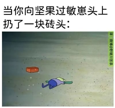 这是一张文字加注的动画截图梗图，上方配有文字“当你向坚果过敏崽头上扔了一块砖头：”，下方是动画《海绵宝宝》的截图画面，一只小型浮游生物类卡通角色摊倒在地面上，旁边放着一块红色砖头。该梗图用荒诞的反差制造笑点：原本人们会联想到用坚果引发过敏者的严重生理反应使其倒下，而图中直接用物理攻击的砖头将其击倒，用这种不符合常规预期的夸张方式，把两种能让人失去行动能力的方式进行错位呈现，达到搞笑效果。