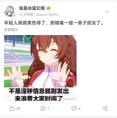 社交媒体截图，用户"哇是冰蓝幻境"发布内容称"年轻人搞搞黄色得了，房赌毒一碰一辈子就完了。"下方配有一个棕色长发、双马尾、穿着红白相间衣服的动漫女孩图片，女孩面带微笑，双手比耶。图片下方还有文字"不是淫秽信息就别发出来浪费大家时间了"。