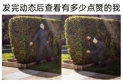 这是一张左右拼接的对比梗图，图片上方配有文字“发完动态后查看有多少点赞的我”。左侧画面中，戴着《月光光心慌慌》里迈克尔·迈尔斯经典恐怖面具的人，从修剪整齐的灌木丛后大方地走出来，姿态放松舒展，对应刚发布完社交动态时自信满满、期待点赞的心态；右侧画面里，同一个人则蹲在灌木丛后方，只露出上半身扒着灌木枝叶，小心翼翼地向外探看，生动还原了发布动态一段时间后，开始变得忐忑不安、偷偷摸摸查看点赞数据的状态，精准戳中了当代人在社交平台发布内容后，过度在意他人反馈、患得患失的普遍心理，引发强烈共鸣。