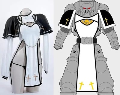 这是一张左右对比图，左侧展示的是一套修女主题的女性cosplay服装，整体采用黑白配色，肩部短披风、下摆处都带有十字标识，服装设计偏向修身露肤的风格，凸显出女性化的性感特质；右侧是桌游IP《战锤40000》中星际战士的风格化线稿图，以灰黑白黄配色呈现，在对应左侧服装十字标识的位置也设计了黄色十字，装甲的结构、胸口的装饰区域也和左侧cos服的布局形成了巧妙的对应。这张图通过视觉元素的呼应，将柔美的修女风cos服与硬核科幻的星际战士装甲进行趣味匹配，制造出反差感十足的搞笑效果。