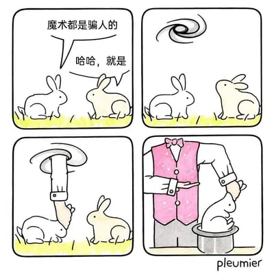 这是一幅四格连环卡通漫画，第一格中，两只兔子坐在草地上，白兔一脸不屑地说“魔术都是骗人的”，旁边的浅黄兔附和道“哈哈，就是”，表现出对魔术的鄙夷；第二格中，草地上方出现一个漩涡状的空间入口；第三格中，魔术师的手臂从这个入口伸出，一把抓住了白兔，浅黄兔在一旁露出惊讶的神情；第四格中，魔术师的上半身出现，白兔被他从魔术帽里拿出来，两只兔子此前对魔术的吐槽被现实彻底打脸，形成了荒诞搞笑的反转效果。