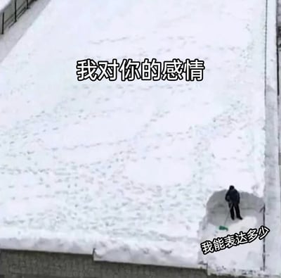 这是一张由现实扫雪场景改编的情感类梗图，画面呈现一片被大雪完全覆盖的宽阔场地，右下角有一名真人正手持工具清理角落的一小块积雪。图中加注了两行文字，上方为“我对你的感情”，右下角为“我能表达多少”，通过视觉上“浩瀚雪地”与“极小的清理区域”的强烈对比，形象地隐喻出自身感情深厚庞大，能够传递、表达出来的却只有极少一部分的心境，精准抒发了那种情深却拙于表达的情绪。