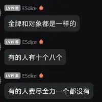 这是一段竖屏格式的聊天记录截图，用户ESdice连发三条消息，以金牌和对象做类比，直白地吐槽了现实中的落差：有的人轻松拥有很多，而有的人拼尽全力却一无所获，精准戳中了人们在追求目标、感情时的无力与无奈，容易引发广泛共鸣。
