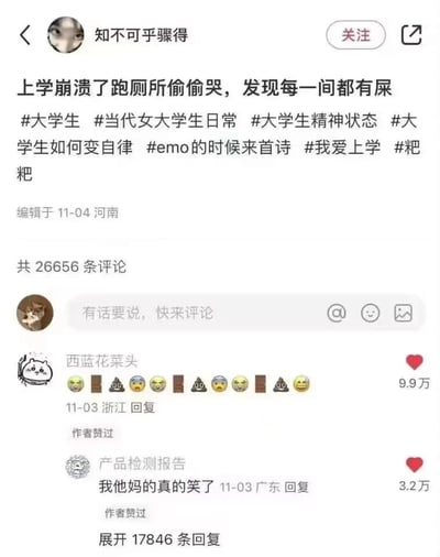 这是一张社交媒体截图，展示了一位名为"知不可乎骤得"的用户发布的帖子。帖子内容描述了自己在学校崩溃后跑到厕所偷偷哭泣，却发现每个隔间都有屎的尴尬经历。帖子下方带有多个相关话题标签，包括#大学生、#当代女大学生日常、#大学生精神状态等。截图还显示了部分评论区内容，其中一条来自"西兰花菜头"的评论用一系列表情符号回应了帖子内容，获得了9.9万点赞。另一条来自"产品检测报告"的评论表示"我他妈的真的笑了"，获得了3.2万点赞。整个截图反映了当代大学生的生活状态和网络表达方式。