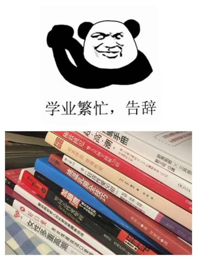 图片上半部分是经典的熊猫头表情包，卡通熊猫头带有戏谑的人类面部表情，右手握拳举起，表情略带得意与无奈。中间配有文字“学业繁忙，告辞”，表达因学业忙碌需要暂时离开的意思。下半部分是一叠堆叠的书籍实物照片，书籍封面颜色多样，包含不同学科的教材或读物，暗示学业任务繁重。整体通过表情包的幽默与书籍的真实感结合，以轻松自嘲的方式展现学生面对繁重学业时的状态。