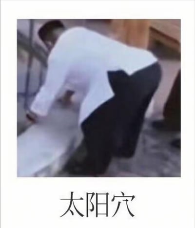 这是一张利用视觉错位效果的搞笑梗图，画面中真实人物的白色衣袖、手部与黑色裤子在特定角度下，组合出类似手枪抵在太阳穴的视觉错觉，图片下方加注文字“太阳穴”，放大了这种荒诞的趣味感，常用来表达头疼、崩溃、无奈等情绪。
**视觉错位说明**：通过人物肢体和衣物的巧合排列，制造出和真实动作完全不同的视觉假象，形成搞笑的反差效果。