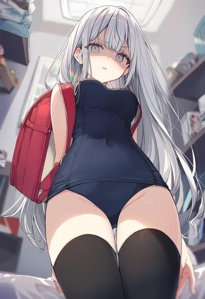 图中是一位银发少女，她有着齐刘海和蓝色眼眸，皮肤白皙，脸颊带着淡淡的红晕。少女穿着黑色连体泳衣，背着红色双肩包，站在一个有书架和各种物品的房间里。阳光从上方照射下来，给她的银发染上了一层柔和的光晕，整体画面呈现出清新唯美的夏日氛围。