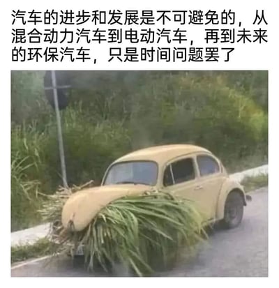图片上方为一段关于汽车发展的文字，内容为“汽车的进步和发展是不可避免的，从混合动力汽车到电动汽车，再到未来的环保汽车，只是时间问题罢了”。下方是一张实拍照片，画面中一辆黄色复古小轿车（形似大众甲壳虫）的车头捆绑着一大捆绿色植物，正行驶在路边有绿植的道路上。文字内容严肃讨论汽车发展趋势，而图片则以幽默的方式展示了一种荒诞的“植物动力汽车”，形成鲜明对比，达到调侃和搞笑的效果。
