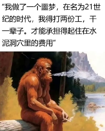 这是一张吐槽当代生活压力的网络梗图，采用顶部配文、底部配图的结构，上方文字以原始人的口吻吐槽称梦到21世纪要打两份工干一辈子才能负担得起住水泥洞穴的开销，下方配图是AI生成的红棕色毛发类人猿形象，它惆怅地坐在野外的木头上抽着烟，背景是有山林、河流、远山的原始自然环境，将原始人免费住天然洞穴的状态与当代人要辛苦工作一生才能负担住房开销的现状做对比，充满调侃和讽刺意味，精准戳中当代打工人的痛点。