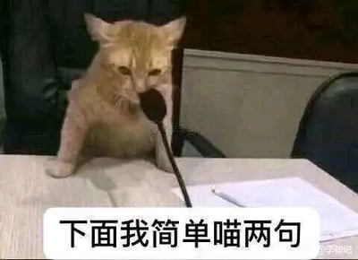 这是一张经过P图改编的静态表情素材图，画面中一只橘色猫咪被拟人化处理，坐在桌子前，前爪搭在桌面上，对着一个麦克风，仿佛正准备在正式场合发言，桌子上还摆放着纸笔。图片下方配有文字“下面我简单喵两句”，利用“喵”与“说”的谐音，模仿职场或会议中发言前的常见开场白，将猫咪拟人化，制造出诙谐幽默的效果，用来调侃会议发言场景，或是表达想要简单阐述观点的心情。