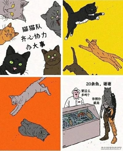 这是一组四格连环梗图，采用多图拼接的剧场式构图，属于P图改编的搞笑内容：
1. 第一格：五只表情严肃的猫猫集结，配文「猫猫队 齐心协力 办大事」，营造出团队执行重要任务的氛围；
2. 第二格：三只猫猫做出跳跃、扑腾的动作，仿佛在进行行动演练；
3. 第三格：两只猫猫摔倒在地，看似行动出现意外；
4. 第四格：剧情反转，一只猫猫被改编为《合金装备》系列的特工斯内克形象，站在鱼摊前对老板说「20条鱼，谢谢」，老板疑惑询问「要这么多吗？」，猫猫特工强硬回应「你照办就是」。
整个梗图通过前期铺垫的「办大事」与最终「批量买鱼」的反差，以及猫猫变身为特工的错位感制造幽默笑点，没有双关、谐音梗等内容，核心是用严肃的特工姿态完成普通小事的反差萌。