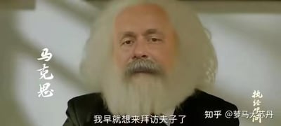 图片中是一位白发白须、身着黑色外套的人物，左侧竖排文字标注为“马克思”。人物表情严肃，背景为浅色室内环境。底部有字幕文字“我早就想来拜访夫子了”，右侧底部可见水印“知乎 @ 萝马大苏丹”及“执经”字样。