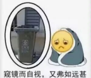 这是一张经过P图改编的静态单图表情包，采用图文混排的形式呈现。画面右侧是裹着深色毯子、表情沮丧低落的QQ经典小黄脸卡通形象，它蜷缩着身体，神态尽显低落；左侧用椭圆边框圈出一个放置在户外的灰色垃圾桶，将其类比为“镜子”；图片底部配有出自《邹忌讽齐王纳谏》的古文句子“窥镜而自视，又弗如远甚”。原句原本是邹忌照镜子后自感不如徐公貌美，此处玩梗将垃圾桶作为对比对象，表达自己连垃圾桶都不如的强烈自嘲情绪，用严肃的古文搭配丧系的卡通表情，形成反差感，既幽默又精准传递出自我贬低、沮丧的负面情绪，适合在情绪低落时用来调侃自己。