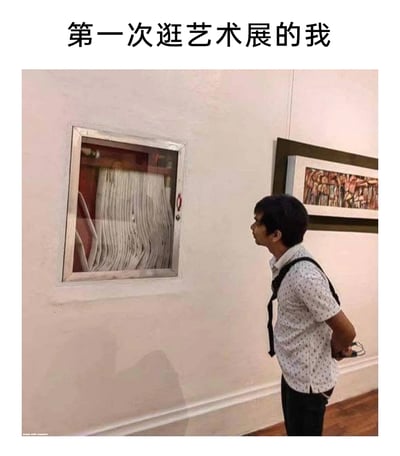 这是一张恶搞搞笑梗图，顶部配文“第一次逛艺术展的我”。图中一名男子背着手，神情专注地侧头凝视着墙上嵌入的消防水带收纳箱，仿佛将这个日常消防设施当成了艺术展品，而他身旁的墙上挂着真正的艺术画作。该图通过这种反差感，生动地调侃了第一次逛艺术展时，对艺术领域懵懂陌生，会认真审视每一个物品，甚至误把普通设施认成艺术品的窘迫又搞笑的状态。