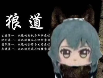 这是一张二次创作的拼贴梗图，画面右侧将Q版二次元少女的头像与狼的耳朵、身体部位拼接在一起，左侧以黑色为背景搭配白色的“狼道”主题励志文案，列出了生存、规则、团队、忠诚四大核心意识，用二次元形象和狼的形态结合的反差感，以搞笑的形式呈现职场或团队中的“狼道”生存准则，整体风格兼具搞笑感与励志感，没有双关或谐音梗内容。