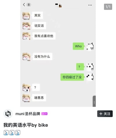 这张图是网友发布的搞笑聊天记录截图，内容为两名用户的社交软件对话：一方先接连发送“其实”“说实话”做铺垫后，告知对方“我有点喜欢他”，另一方发送英文单词“Who”询问对方喜欢的人是谁，结果发言的用户错将询问人物的“Who”理解为询问原因的“Why”，回复“没有为什么”，感到疑惑的另一方随即发送问号并询问对方“你四级过了没”，被反问的用户反而疑惑询问“啥意思”。图片下方配文“我的英语水平by bike”并搭配三个流汗表情，笑点在于对话一方英语基础薄弱，混淆了发音相近的英文单词闹出交流误会，配文里的“by bike”是谐音梗，读音近似中文“不咋地”，用来调侃自身英语水平不佳。