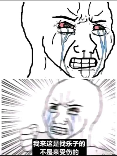 这是一张由上下两部分拼接而成的手绘表情包，上半部分是线条勾勒的光头人物，双眼泛红布满血丝，满脸泪痕，眉头紧紧皱起，牙关咬着，呈现出极度痛苦崩溃的神情；下半部分的人物同样在大哭，周围添加了放射状的线条来强化情绪张力，人物还攥紧了拳头，下方配有黑色底白字的文案“我来这是找乐子的 不是来受伤的”。这张图精准戳中了当代人在上网、浏览内容时的心态：原本只是想放松找乐趣，却意外被内容戳中痛点、感到心灵受伤，用夸张的崩溃哭泣表情放大了这种委屈又无奈的情绪，极易引发共鸣。