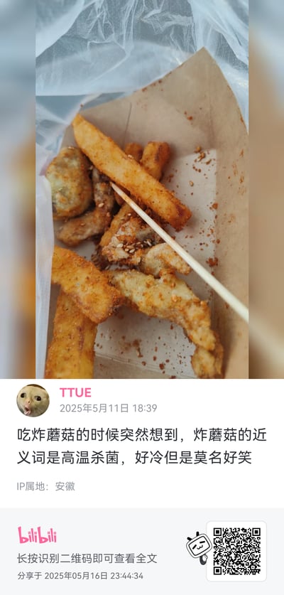 一张社交媒体截图，上方是炸蘑菇和薯条的特写照片，金黄色的炸蘑菇和薯条放在纸制容器中，撒有芝麻和调料。下方是用户TTUE发布的文字内容："吃炸蘑菇的时候突然想到，炸蘑菇的近义词是高温杀菌，好冷但是莫名好笑"，IP属地显示为安徽。这是一个利用烹饪方式制造的冷笑话，通过将炸蘑菇的制作过程幽默地描述为"高温杀菌"，产生反差萌的搞笑效果。