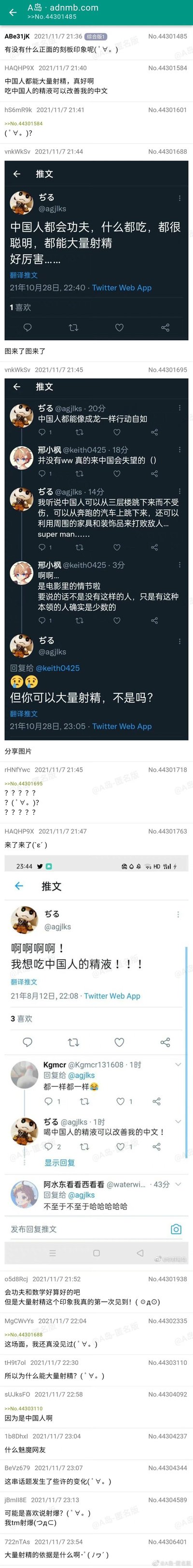 这是一张A岛（adnmb.com）综合版的超长帖子截图，发布于2021年11月7日。楼主提问“有没有什么正面的刻板印象呢(゜∀゜。)”，随后有用户发表了针对中国人的低俗离谱言论，还有用户贴出了Twitter平台上日本用户“ぢる”的相关推文，该用户发表了包含“中国人都能大量射精”“吃中国人精液改善中文”等荒谬低俗内容，还提及“中国人会功夫、像成龙一样”这类常见刻板印象，另一位Twitter用户“邢小枫”纠正其“中国人像超人”是电影情节，却被对方再次扯回低俗话题。A岛的其他网友对这些离谱言论表示震惊和疑惑，也有网友提到“会功夫、数学好”是正常的正面刻板印象，对这个新的低俗“刻板印象”表示从未见过。整个内容是网友在论坛上分享并讨论这些离谱的网络言论，充满了荒诞和低俗的反差感。