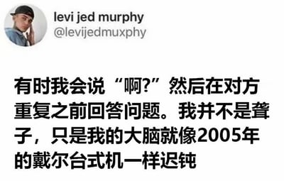 这是一张社交媒体截图，展示了用户levi jed murphy的个人主页帖子。帖子包含用户的圆形头像（显示一名手托脸颊的男性）、用户名“levi jed murphy”及其账号“@levijedmuxphy”。主要内容为一段自嘲式文字：“有时我会说‘啊?’然后在对方重复之前回答问题。我并不是聋子，只是我的大脑就像2005年的戴尔台式机一样迟钝”，通过将大脑反应速度比喻为老旧电脑，以幽默方式表达自己思维迟缓的特点。