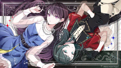 这是《BanG Dream!》企划的官方插画，画面采用镜像倒置构图，两位Roselia乐队的角色——白金燐子（紫发）与冰川纱夜（绿发）躺卧在带有复古花纹的边框背景上，周围散落着破碎的玻璃碎片，增添了画面的氛围感。
- 白金燐子身着蓝白拼接的时尚服饰，搭配链条项圈，紫眸沉静，姿态舒展；
- 冰川纱夜身着红黑配色的复古礼服，蓝眸澄澈，单手搭在身侧，气质优雅疏离。
整体画风精致细腻，色彩搭配鲜明，完美展现了角色的独特气质。