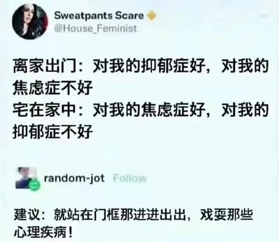 图片为社交媒体截图，包含两条推文。上方推文作者为Sweatpants Scare（@House_Feminist），内容描述了一个心理困境：离家出门对抑郁症有好处但会加重焦虑症，宅在家中则对焦虑症有好处但会加重抑郁症。下方为用户random-jot的回复，幽默建议“就站在门框那进进出出，戏耍那些心理疾病！”，以调侃的方式化解这种两难处境，引发共鸣。