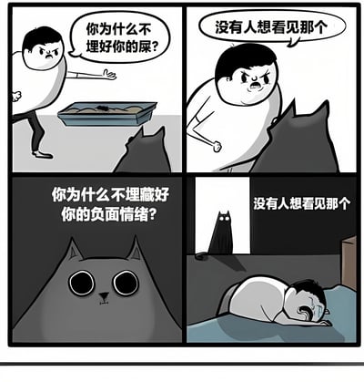 四格漫画通过幽默对比展现了一个讽刺场景:第一格中男人愤怒地指着猫砂盆质问猫'你为什么不埋好你的屎?';第二格男人继续生气地说'没有人想看见那个';第三格视角转换,猫的特写画面配文'你为什么不埋藏好你的负面情绪?';第四格男人趴在床上哭泣,猫在阴影中看着他说'没有人想看见那个'。漫画通过人与猫的角色反转,巧妙讽刺了人们对他人负面情绪的不包容,就像要求猫必须埋屎一样理所当然。