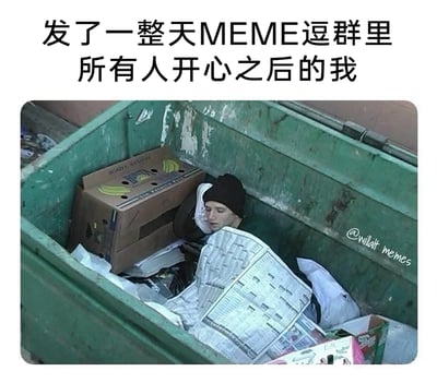 这是一张文字加注类的搞笑meme图，上方配文“发了一整天MEME逗群里所有人开心之后的我”，下方画面是一名戴着黑色针织帽的男子，他蜷缩在绿色大型垃圾桶中，身边堆满纸箱、报纸、塑料袋等垃圾，男子用报纸裹住自己，神情疲惫萎靡，状态低落。图中用夸张的落魄画面和配文形成强烈反差，精准表达了在网络社交中主动当“气氛组”，持续输出搞笑内容后，内心产生的疲惫、空虚情绪，能引发有类似经历的人的共鸣。