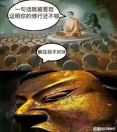 这是一张上下拼接的搞笑梗图，上半部分呈现佛祖端坐高台，对台下众多弟子讲经的场景，佛祖的对白气泡写着“一句话就被惹怒 证明你的修行还不够”，以修行的语境教导弟子要沉稳；台下弟子的对白气泡则抛出“解压码不对呀”这个日常上网时的糟心场景。下半部分是佛祖愤怒皱眉的特写，与上半部分的平和神态形成强烈反差。该梗图通过这种反差感，调侃了所有人遇到解压码错误时都会瞬间烦躁、难以保持平和的日常情绪，将宗教修行的宏大语境和上网的琐碎糟心事结合，制造出荒诞搞笑的效果。