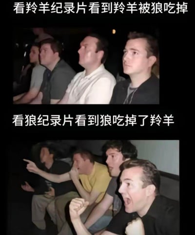 这是一张上下分栏的对比梗图，上图呈现了观众观看羚羊纪录片时，看到羚羊被狼吃掉的场景，画面里的观众们端坐观看，面露惋惜不忍的神情；下图则是观众观看狼纪录片时，看到狼成功捕食羚羊的场景，观众们瞬间变得激动兴奋，有人握拳欢呼、有人指向屏幕，生动且幽默地讽刺了人们会因所站立场（纪录片的主角视角）不同，而产生完全相反的情绪和态度，调侃了这种“双标”的心态。