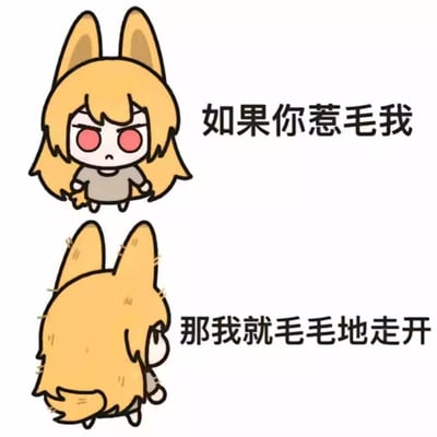 这是一张上下分栏的卡通趣味梗图，上方是黄发兽耳女孩气鼓鼓叉腰的样子，配文「如果你惹毛我」；下方是女孩背过身，头发炸起变成炸毛状态，配文「那我就毛毛地走开」。
这里运用了谐音梗：「毛毛地」既对应角色炸毛的视觉效果，又谐音「默默地」，用软萌可爱的方式表达生气后离开的小情绪，反差感拉满。