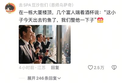 该内容是一则中文社交媒体的帖子截图，发布用户IP属地为江苏，发布于4小时前。帖子配文脑洞大开，将高层窗边的商务人士设定为打算整蛊外出钓鱼的普通人，末尾搭配加油表情。配图是多名身着正装的商务人士站在高层办公楼的落地窗旁，手中都端着盛有红酒的酒杯，所有人都面带愉悦的笑容，其中一人正举着望远镜向窗外的城市景观眺望。该帖子获得了2.5万点赞，还有246条回复可展开查看，整体走搞笑玩梗的风格，将商务人群的日常场景和无厘头的恶搞设定结合，制造出反差笑点。