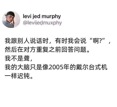 这是一张海外社交媒体（推测为X，原Twitter）的截图，画面左上角显示用户levi jed murphy的头像与账号@leviiedmuxphy，头像中的人单手放在脸侧，表情略带无奈。下方是一段经过翻译的中文自嘲文字，内容描述了一种生活中的小状况：和他人交谈时，自己会先下意识说“啊?”，但在对方准备重复话语前就已经给出了回答，随后解释自己并非听力有问题，而是用“大脑像2005年的戴尔台式机一样迟钝”这个幽默的比喻，调侃自己大脑反应迟缓的状态，用贴近大众认知的老旧电子产品来类比，既夸张又生动，容易引发有类似经历的网友共鸣。