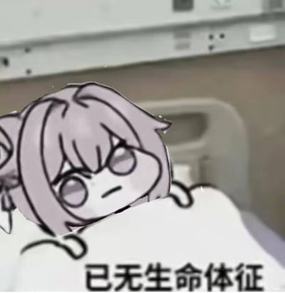 图片中是源自韩国手游《胜利女神：妮姬》角色桃乐丝的二创表情包角色Doro。Doro以灰色头发、呆萌的卡通形象呈现，表情悲伤，双眼无神，趴在疑似病床的白色物体上，背景模糊可见医疗设备轮廓。图片底部有黑色文字“已无生命体征”，结合Doro文化中的“结局文学”元素，通过悲情场景反映当代青年的情感共鸣和心理状况。