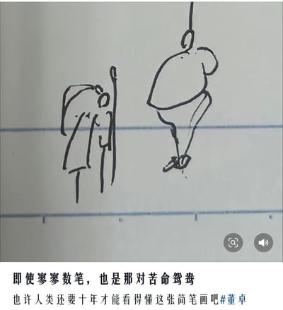 这是一张图文混排的原创简笔画梗图，画面上方用极简的黑色线条勾勒出两个形象：右侧是身形肥胖、被绳索吊住的董卓，左侧是扶着柱子的貂蝉；画面下方配有文字：“即使寥寥数笔，也是那对苦命鸳鸯 也许人类还要十年才能看得懂这张简笔画吧#董卓”。
这张图用抽象的方式解构《三国演义》里的经典情节，用“苦命鸳鸯”来反讽董卓与貂蝉并非情深的关系，是对历史故事的戏谑玩梗。