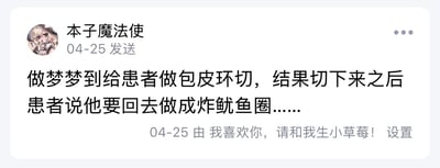 这是一张社交媒体个人动态截图，发布者昵称为「本子魔法使」，发布时间为4月25日，头像为软萌风格的二次元女性角色。动态内容为发布者分享自己做的荒诞梦境：梦中自己为患者做包皮环切手术，切除完成后患者表示要将切下的组织拿回去做成炸鱿鱼圈，内容反差感极强，充满笑点。截图底部还有4月25日的签名设置提示文字：「我喜欢你，请和我生小草莓！」。