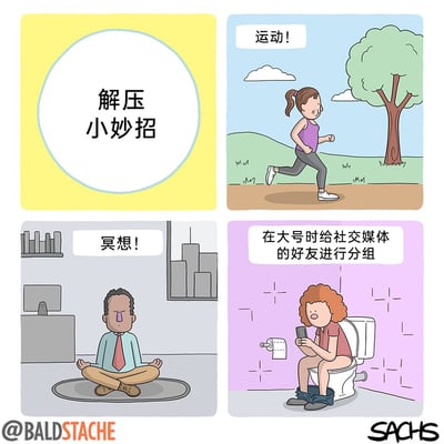 这是一幅四格连环卡通漫画，主题为“解压小妙招”，依次展示了四种解压方式：第一格呈现扎马尾的女性在户外跑步，配文“运动！”，是常规的解压方法；第二格是身着职场装束的男性在办公室盘腿冥想，配文“冥想！”，也是常见的解压手段；第三格则是卷发女性坐在马桶上，裤子褪到脚踝，专注地用手机操作，配文“在大号时给社交媒体的好友进行分组”，用幽默接地气的方式调侃当代人一种私密又耗时的解压行为，通过前两种常规解压方式与最后一种搞笑生活化的方式形成反差，制造幽默效果。