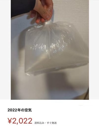 这是一个模仿日本电商商品页面的搞笑创作，画面上方是一只真实的手捏着一个装满空气的透明密封塑料袋，下方的商品信息区域标注商品为“2022年的空气”，售价2022日元，还附带“包邮·立即发货”的说明。内容充满无厘头的创意，用年份数字和售价数字对应、售卖空气这种荒诞的形式，来调侃或纪念2022年，整体风格搞笑又有创意，没有双关或谐音梗，纯粹是网络整活的趣味内容。