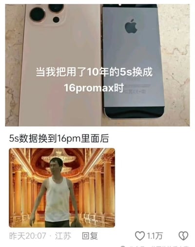 这张梗图用生动有趣的对比描绘了把用了10年的iPhone 5s换成最新的iPhone 16 promax的感觉。第一张图片是两部苹果手机的对比，一部是陈旧的5s，一部是崭新的16promax，画面中央配有大字："当我把用了10年的5s换成16promax时"，表达了跨越式升级的震撼和满足。

下方配有一则网友评论：“5s数据换到16pm里面后”并配图：一名男子身处金碧辉煌的宫殿大厅，身穿普通背心短裤，形成强烈反差和幽默感。暗示虽然手机升级豪华，但“自身本质”并未改变，调侃了升级换机的心理落差。

**没有明显的谐音梗或暗示，但有明显视觉与生活落差的反差感。**