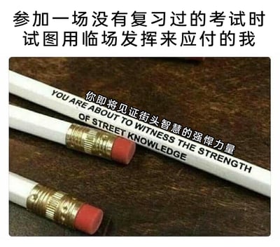 这是一张搞笑自嘲类静态表情包，画面上方配有中文文字“参加一场没有复习过的考试时试图用临场发挥来应付的我”，下方展示了三支带有红色橡皮头的白色铅笔，其中最上方的铅笔身印有英文标语“YOU ARE ABOUT TO WITNESS THE STRENGTH OF STREET KNOWLEDGE”，同时叠加了中文文字“你即将见证街头智慧的强悍力量”。图片用“街头智慧”调侃自己没复习就参加考试，只能靠临场瞎蒙、发挥“小聪明”来应付的状态，生动展现了裸考考生窘迫又自我安慰的心态，极易引发学生群体的共鸣。