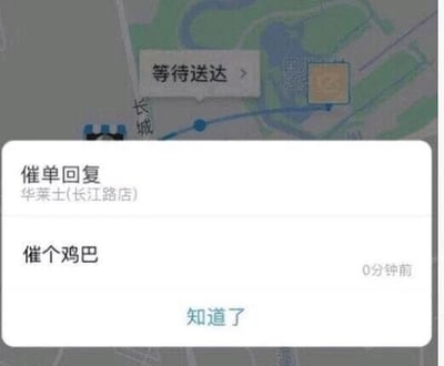 这是一张外卖平台用户端的屏幕截图，背景是外卖配送地图界面，显示订单处于“等待送达”状态，下方弹出催单回复窗口，窗口顶部标注“催单回复 华莱士(长江路店)”，窗口内是商家回复的不文明脏话“催个鸡巴”，窗口底部有“知道了”的操作按钮。该截图记录了用户在催单时遭遇商家恶劣且不文明的回复的场景，反映出该商家存在服务态度极差的问题。