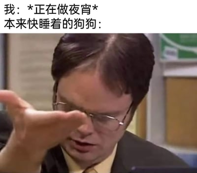 这是一张趣味梗图，上方以文字分两部分呈现场景：“我：*正在做夜宵*”交代了人类的行为，“本来快睡着的狗狗：”引出下方的影视截图。截图中的角色是美剧《办公室》里的德怀特·施鲁特，他抬手挡在眼前，头部凑近，神态专注又急切，这个画面精准地还原了本来昏昏欲睡的狗狗，闻到夜宵食物气味后瞬间清醒、急切凑近想要探寻食物的状态，用人类的搞笑神态类比宠物的反应，生动贴合宠物主人的日常经历，充满诙谐感。