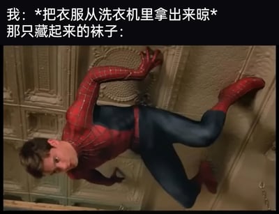这是一张结合了影视截图与搞笑文字的生活梗图，上方文字分为两部分：第一部分描述了“我”把洗衣机里的衣服拿出来晾晒的日常行为，第二部分引出“那只藏起来的袜子”，下方搭配托比·马奎尔饰演的蜘蛛侠贴在高处墙面上隐蔽自己的画面，用超级英雄躲避的姿态，生动调侃了生活中常见的“洗好的袜子总会莫名失踪一只”的有趣小烦恼，将日常小事用夸张的影视场景表现出来，充满诙谐感。