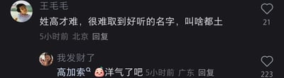 这是一张社交媒体评论区的静态截图，展示了两位用户关于高姓取名的趣味互动。来自北京的用户“王毛毛”留言表示姓高很难取到好听的名字，觉得叫什么都土，这条评论获得了21个点赞；来自广东的用户“我发财了”则玩梗回复，将地名“高加索”当作高姓的名字，配文“洋气了吧”，还搭配了两个表情，这条充满创意的搞笑回复获得了223个点赞，形成了有趣的反差，用意想不到的方式回应了前者的困扰，制造出幽默效果。