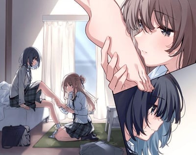 插画描绘了两个身着校服的少女在洒满阳光的房间内互动的场景。画面左侧，深色短发少女坐在床上，双腿伸直；浅棕色长发少女跪坐在地毯上，正轻握前者的脚踝。右侧配有两人面部与手部的特写镜头，展现出细腻的神情与柔和的光影。整体风格为典型日系动漫，线条流畅，色彩清新，营造出温馨静谧的氛围。