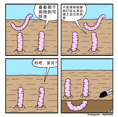 这是一幅充满讽刺幽默的四格卡通漫画：第一格，泥土表层上方有一只面带微笑的蚯蚓，它对着泥土里的两只蚯蚓说道：“看看那个孤独的可怜虫”，两只蚯蚓转头看向它；第二格，这只蚯蚓继续感慨：“不是谁都能像我们这么幸运，遇上自己的真爱”，两只蚯蚓依旧面带微笑；第三格，泥土里右侧的蚯蚓看向左侧的同伴，温柔地问道：“对吧，宝贝？”，两只蚯蚓看起来十分甜蜜；第四格，画面揭晓反转真相：那只被它们同情的“孤独蚯蚓”，其实是被一支记号笔绘制在泥土下层的图案，而两只蚯蚓完全没有察觉，还在为自己拥有“真爱”而幸灾乐祸，形成了强烈的讽刺和幽默效果。